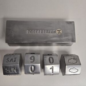 Vintage Pottery Barn Pewter Metal Cube Perpetual Desk Calendar Office Decor